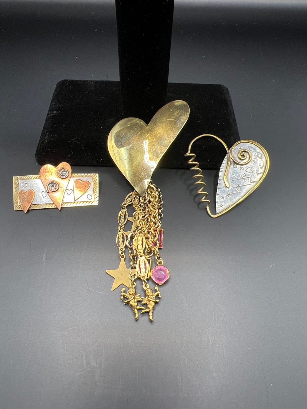 Gold Heart Charm Brooch set with Mixed Metal Accents